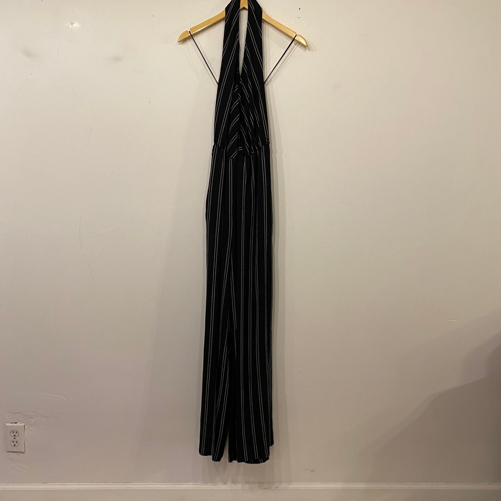 Guess Womens Black White Pinstripe Halter Open Back Wide Leg Jumpsuit Large